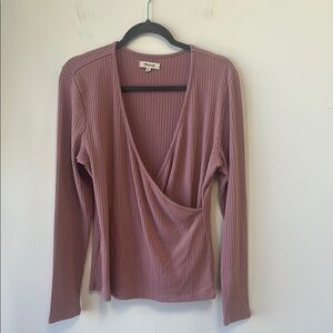 Madewell Sz XL Dusty Pink Ribbed Faux Wrap Long Sleeve Top